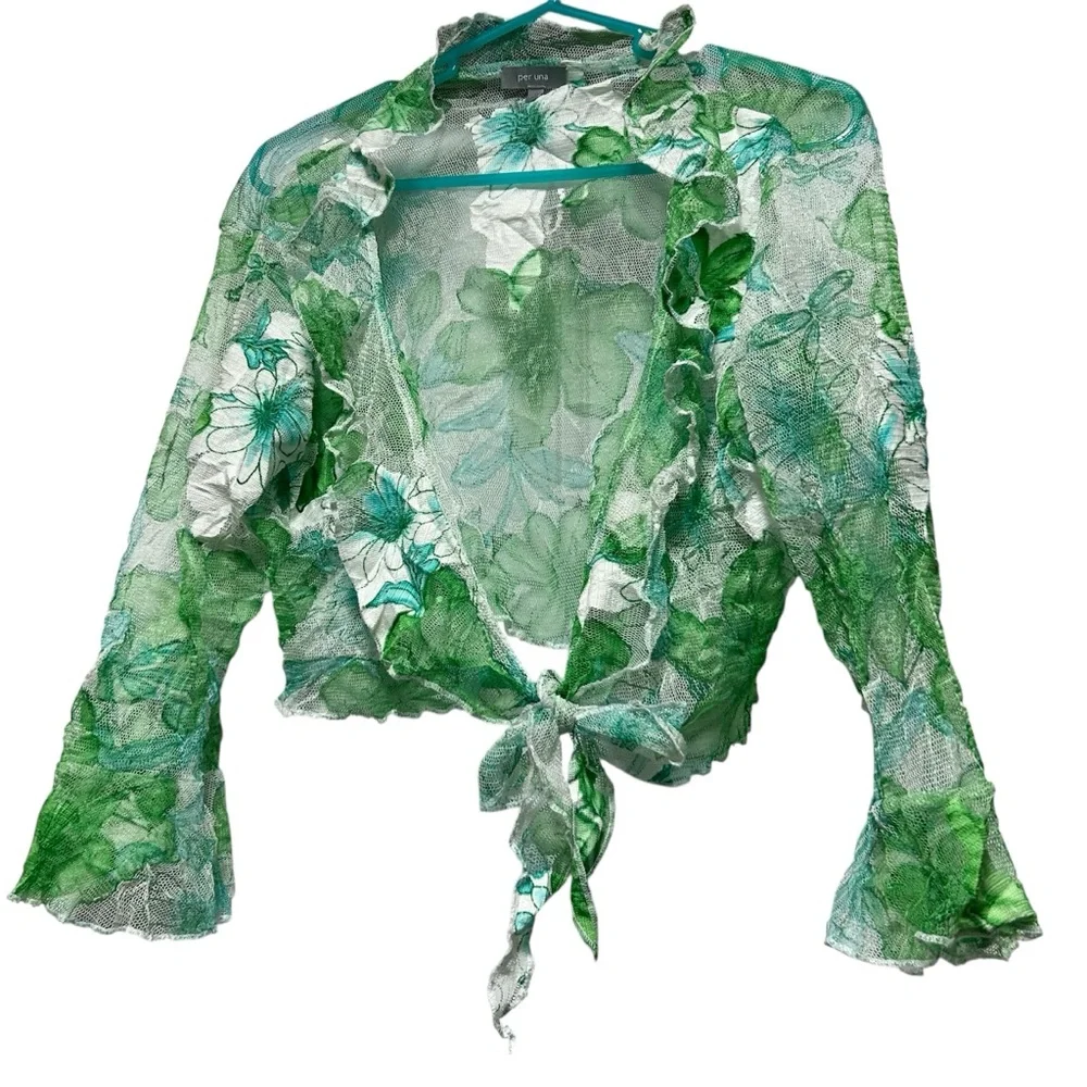 Per Una Floral Green Mesh Ruffle Jacket - Picture 2 of 7